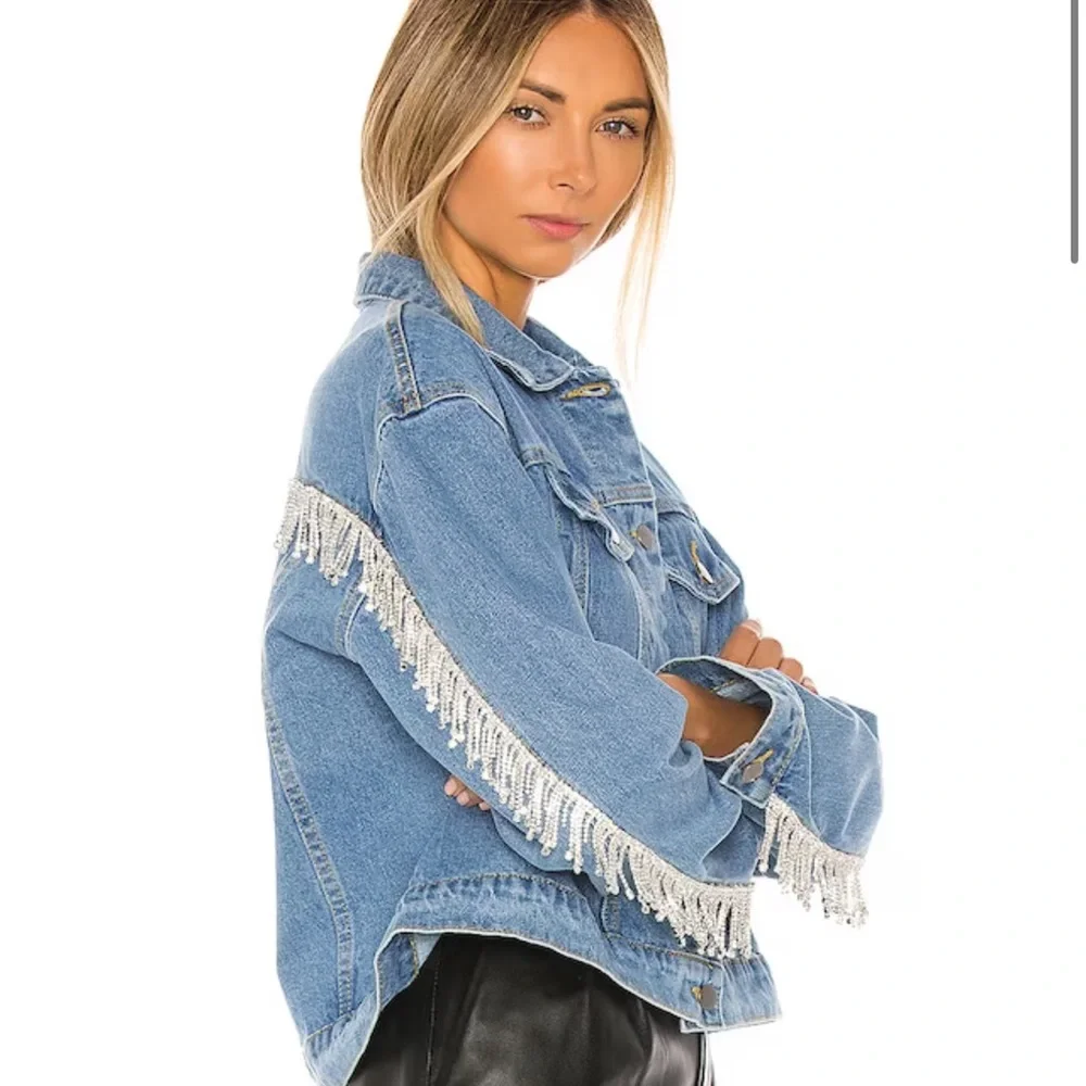 Superdown Revolve Raya Rhinestone Fringe Jacket in Light Blue Wash size large - Picture 2 of 8